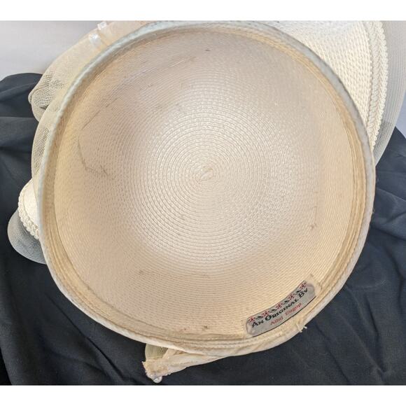VTG 50s Fascinator Hat MCM Ivory Upsweep Woven Rhinestone Pearl Church Derby main image 7